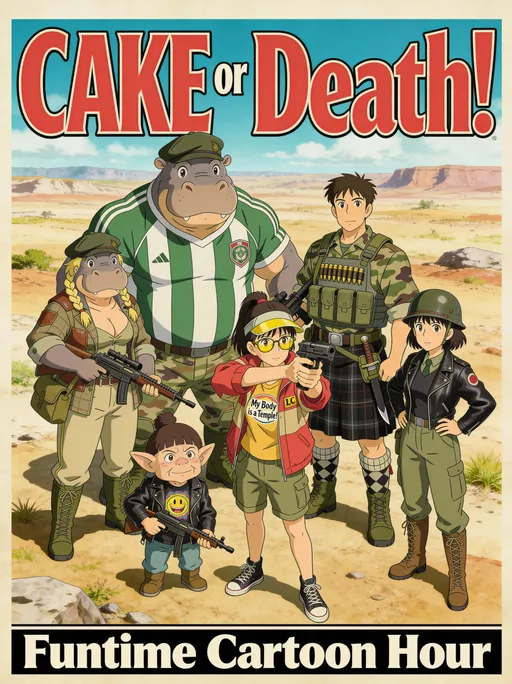 Prompt: A pulp magazine cover. Ghibli anime style, colored line drawing style. Top Title Text: "CAKE or Death!". A group of adventurers, Male Gumare (anthropomorphic hippo male picture, 1st omni reference) is 8 feet tall. Female Gumare hunter is 7 feet tall (see 2nd omni pic, anthropomorphic hippo female picture). Japanese female Gonzo journalist is 5'4" (3rd omni pic.). Last character (4th omni pic in reference) is 4' female gnome. 5th omni picture is 6' tall male commander (wearing kilt). 6th omni reference is female human 5'6" tall. Group posed for picture in wasteland setting. Bottom of frame text: "Funtime Cartoon Hour".