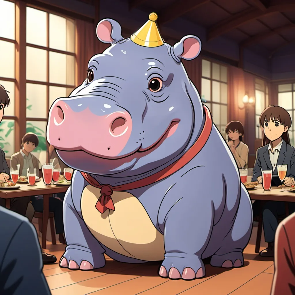 Prompt: Ghibli 2D anime style. A party hippo.