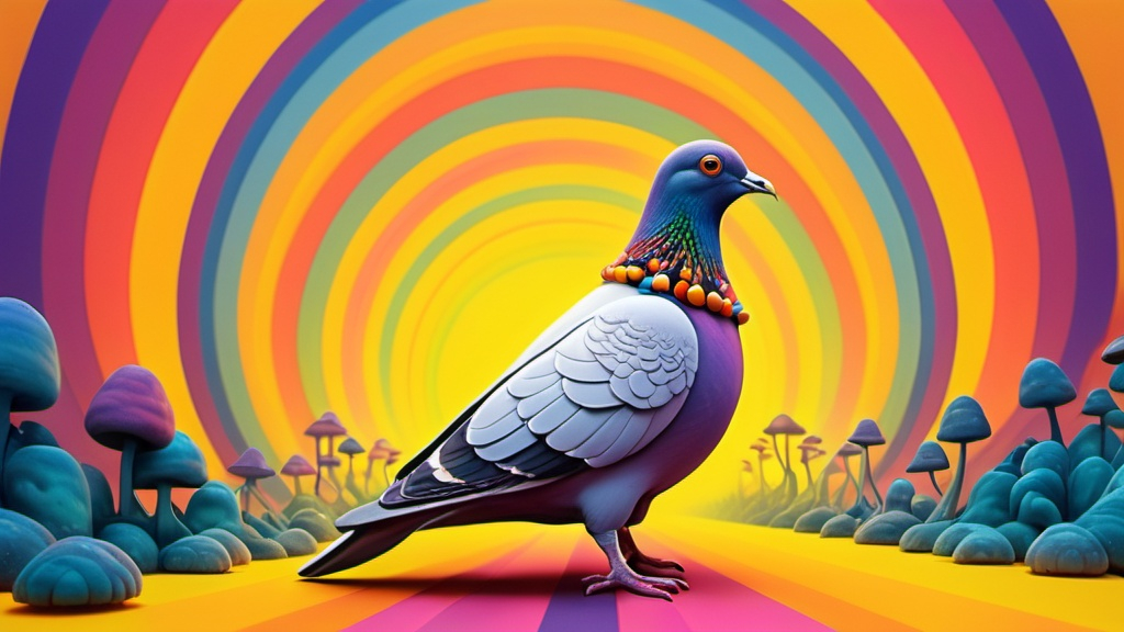 Prompt: A pigeon that is guiding you through an acid trip. psychedelic. magic mushrooms. yellow submarine.