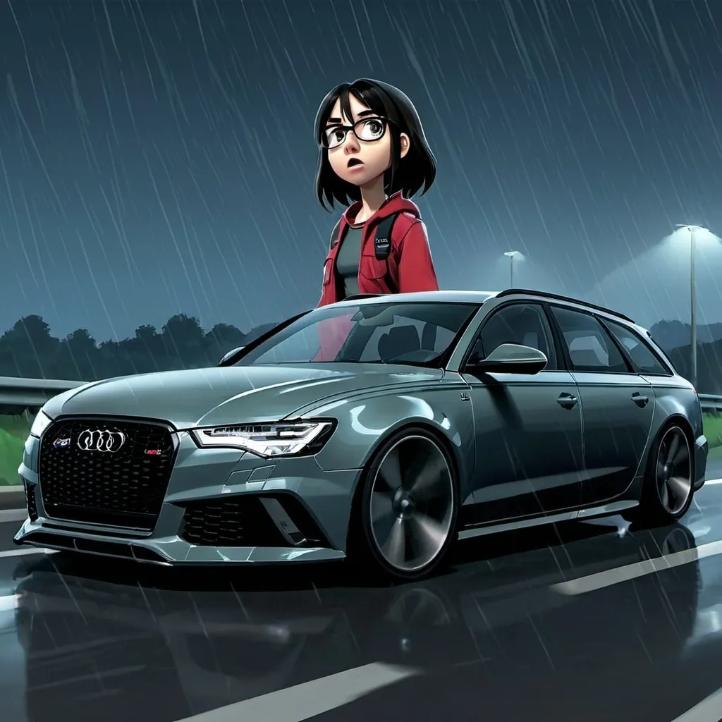 Prompt: Ghibli 2D anime style. An Audi rs6 Avant speeding down an interstate. Night, raining.