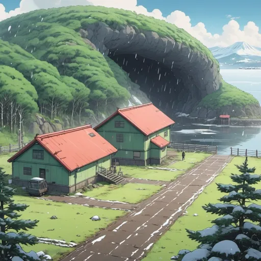 Prompt: Ghibli 2D anime style. A remote military base on the island of Hokkaido. Early spring. wet snow weather.