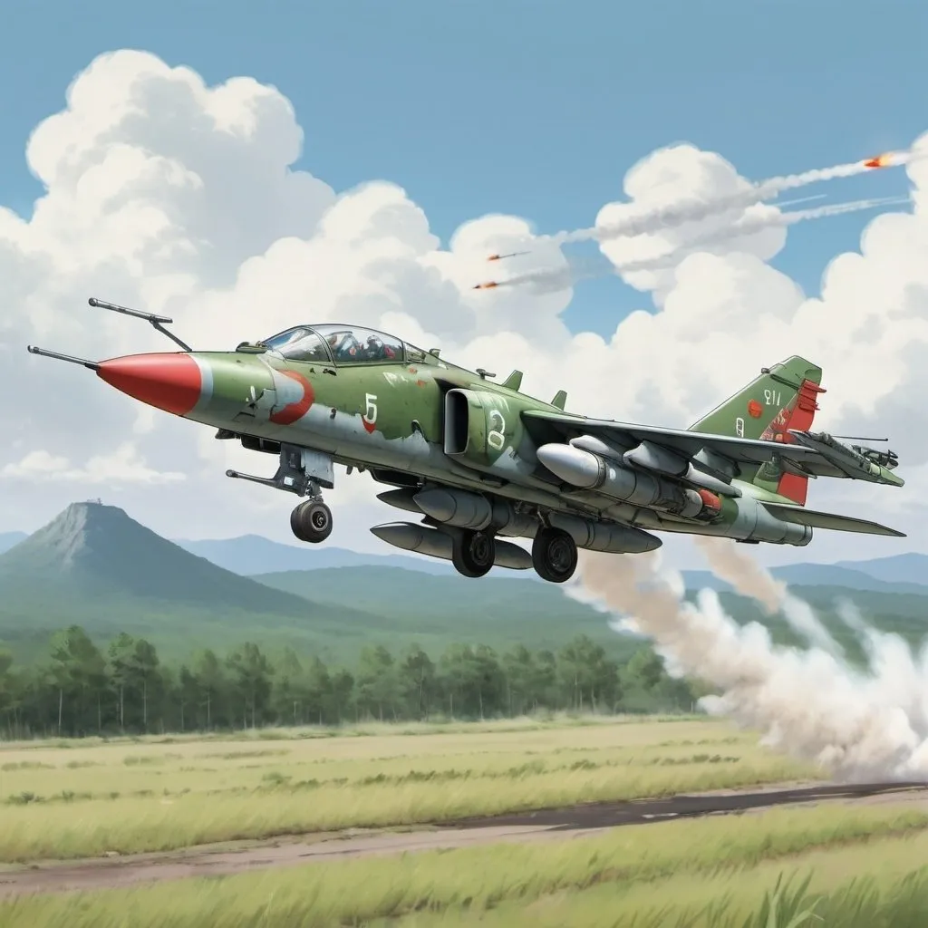 Prompt: Ghibli 2D anime style. A Su-25 making a strafing run on ground targets.