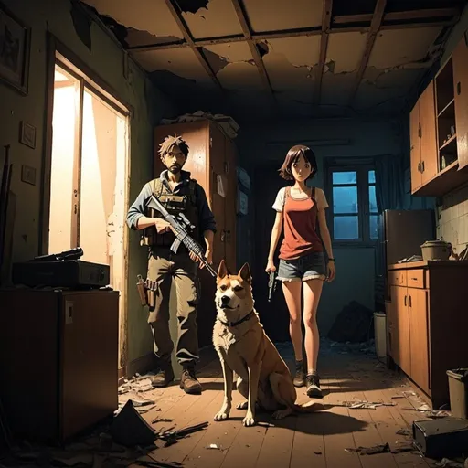 Prompt: Ghibli 2D anime style. A man, a woman  and a dog armed with assault rifles in a dilapidated apartment. Nighttime.