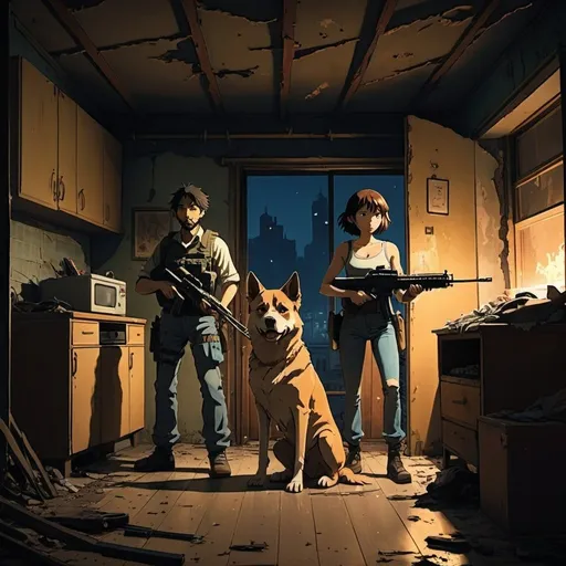 Prompt: Ghibli 2D anime style. A man, a woman  and a dog armed with assault rifles in a dilapidated apartment. Nighttime.