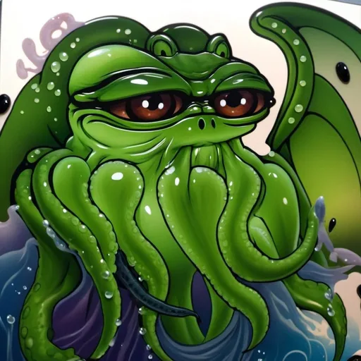 Prompt: Ultra-realistic, slimy, glistening, Pepe the frog crossed with Chthulhu, tentacles covering mouth like a beard
