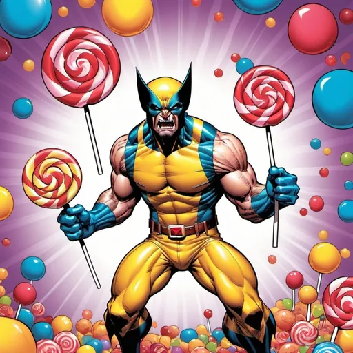 Prompt: Marvel's Wolverine with lollipops instead of claws