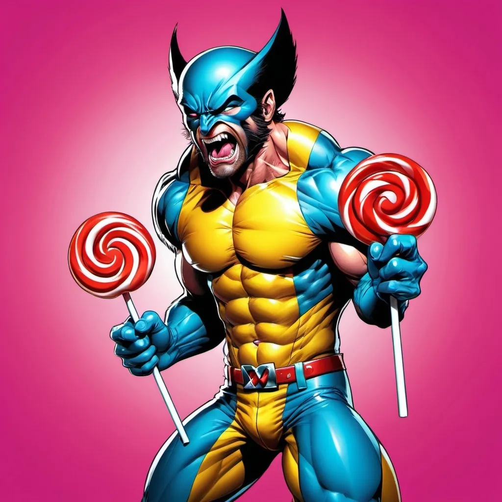 Prompt: Marvel's Wolverine with lollipops replacing his claws