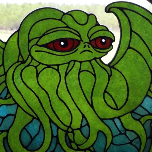 Prompt: Pepe-Cthulhu on stained glass