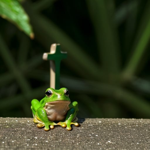 Prompt: A cute green frog at the foot of a cross.