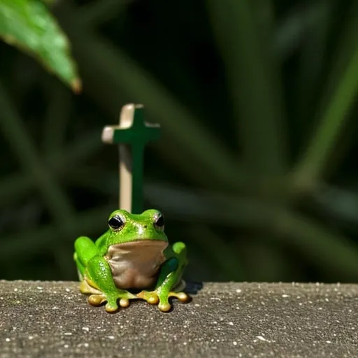 Prompt: A cute green frog at the foot of a cross.