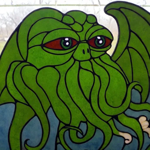 Prompt: Pepe-Cthulhu on stained glass