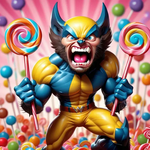 Prompt: Marvel's Wolverine with lollipops for claws