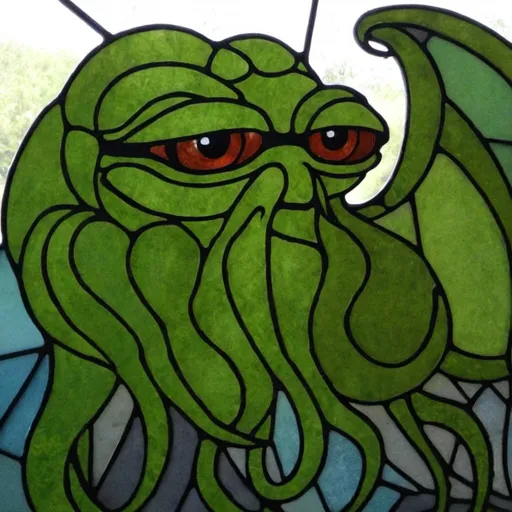 Prompt: Pepe-Cthulhu on stained glass