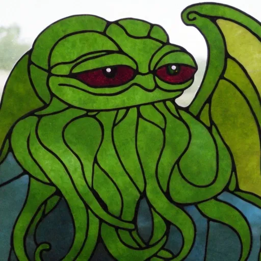 Prompt: Pepe-Cthulhu on stained glass