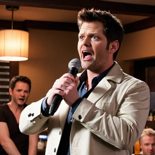 Prompt: castiel doing  karaoke with gordon ramsey