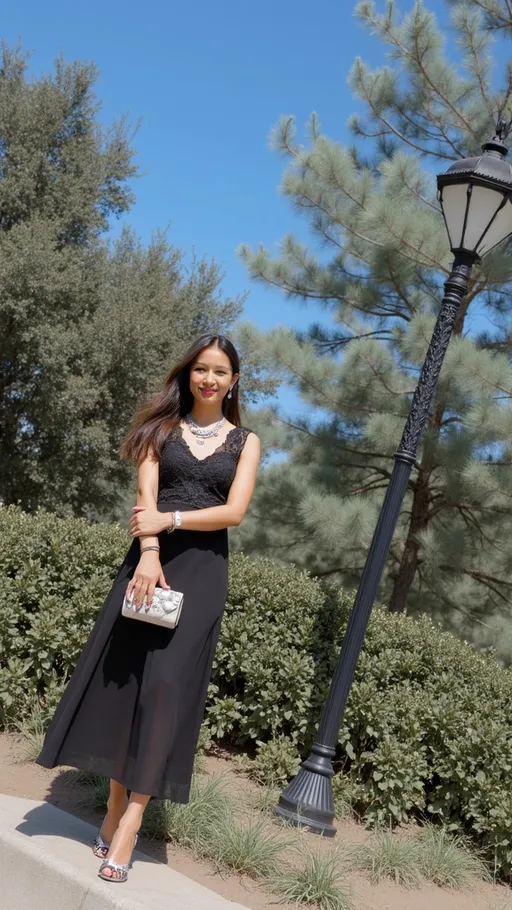 Prompt: A graceful young woman stands confidently in a vibrant outdoor setting, enveloped by lush greenery under a clear blue sky. She wears an elegant black dress adorned with intricate lace and accessorizes with striking jewelry that enhances her poised appearance. Her long hair flows freely, and she holds a decorative handbag, presenting a blend of modern fashion and traditional elegance. Nearby, an ornate street lamp adds a touch of charm to the scene, which is bathed in bright sunlight, highlighting the rich colors of the foliage and creating a lively atmosphere. The overall mood conveys a sense of sophistication and leisurely beauty.