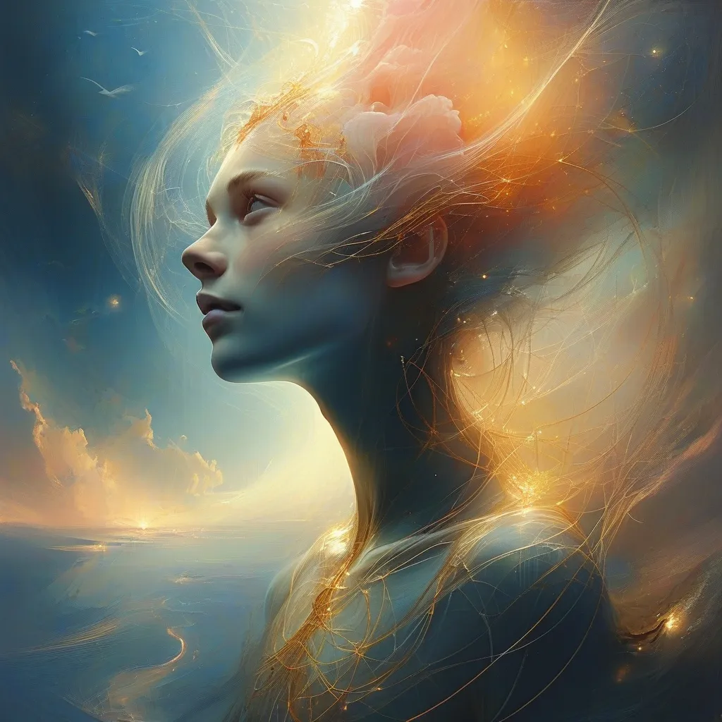 Prompt: Inspired by the quote 'Hard things will happen to us. We will recover. We will learn from it. We will grow more resilient because of it,' create a surreal portrait of resilience. Depict a being of light, composed of swirling, luminous energy, rising from a chaotic yet beautiful cosmic landscape. This being, a symbol of hope and strength, reaches towards a radiant source of light, their form echoing the intricate patterns and fractals of the universe. The artwork should evoke a sense of both intimacy and vastness, with a color palette of warm, glowing hues like gold, peach, and soft blues. Emphasize detailed textures and patterns, such as swirling clouds, intricate filigree, and cosmic dust. The lighting should create a soft, ethereal glow emanating from the being of light, conveying a sense of hope and renewal.