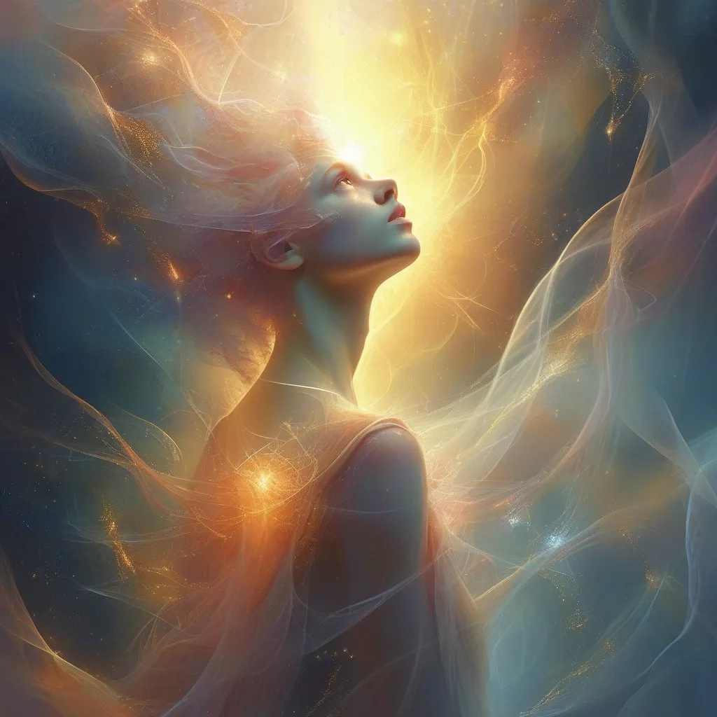 Prompt: Inspired by the quote 'The biggest adventure you can ever take is to live the life of your dreams,' create a surreal portrait of resilience. Depict a being of light, composed of swirling, luminous energy, rising from a chaotic yet beautiful cosmic landscape. This being, a symbol of hope and strength, reaches towards a radiant source of light, their form echoing the intricate patterns and fractals of the universe. The artwork should evoke a sense of both intimacy and vastness, with a color palette of warm, glowing hues like gold, peach, and soft blues. Emphasize detailed textures and patterns, such as swirling clouds, intricate filigree, and cosmic dust. The lighting should create a soft, ethereal glow emanating from the being of light, conveying a sense of hope and renewal.
