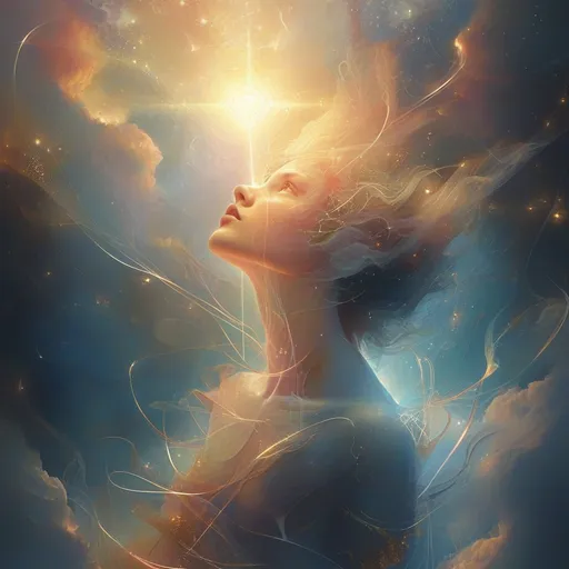 Prompt: Inspired by the quote 'The biggest adventure you can ever take is to live the life of your dreams,' create a surreal portrait of resilience. Depict a being of light, composed of swirling, luminous energy, rising from a chaotic yet beautiful cosmic landscape. This being, a symbol of hope and strength, reaches towards a radiant source of light, their form echoing the intricate patterns and fractals of the universe. The artwork should evoke a sense of both intimacy and vastness, with a color palette of warm, glowing hues like gold, peach, and soft blues. Emphasize detailed textures and patterns, such as swirling clouds, intricate filigree, and cosmic dust. The lighting should create a soft, ethereal glow emanating from the being of light, conveying a sense of hope and renewal.
