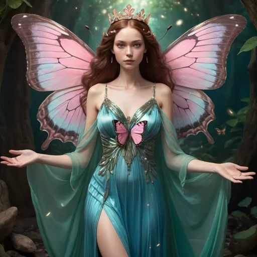 Prompt: Show a fantasy image of a slender queen full body image with hair length down past her waist and butterfly wings with an oyster shell behind her holdering her hands open with light coming from her palms looking towards the camera with dark auburn hair and fair skin and green eyes in a sparkling blue and pink maxi dress with a wise and knowing look on her face