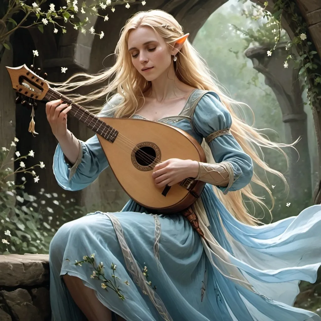 Prompt: A female half-elf bard is playing the lute. She has long blonde hair and wears a light blue flowing dress, with little jasmine flowers embroidered.