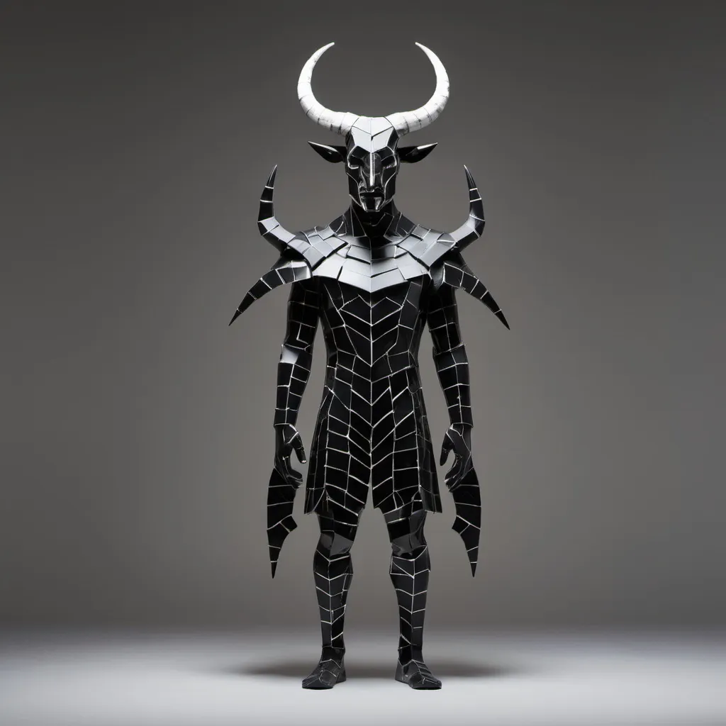 Prompt: A man made of black broken plates with white glowing seams between the plates and horns from two parallels, full-length side view