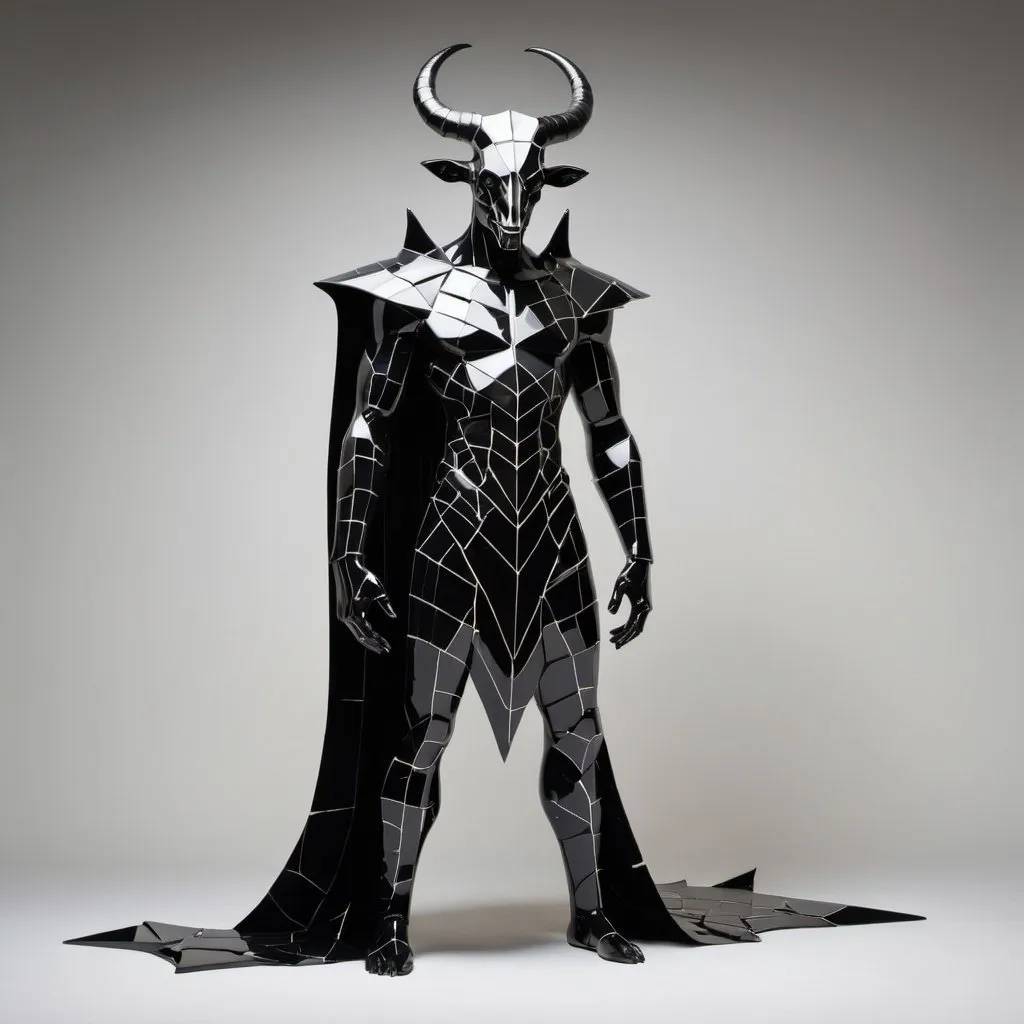 Prompt: A man made of black broken plates with white glowing seams between the plates and horns from two parallels, full-length side view
