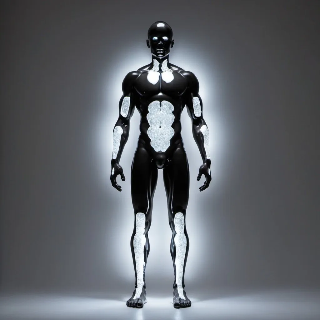 Prompt: Man made of black plates with white glowing compounds