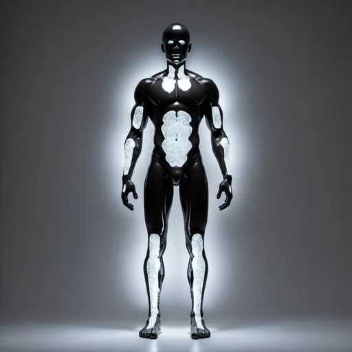 Prompt: Man made of black plates with white glowing compounds