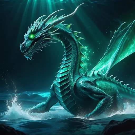 Prompt: (a giant sea dragon), mystical aura, glowing, dark and enchanted ocean background, ethereal lighting, vibrant colors, high contrast, otherworldly atmosphere, magical energy pulses around, blue and emerald green tones, high detail, 4K, ultra-detailed, cinematic quality, fantastical scene, sparks of light, enchanting mood