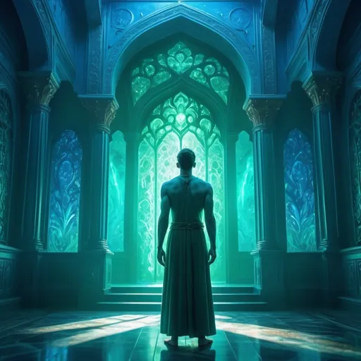 Prompt: (human standing in a blue palace), mystical aura, glowing, dark and enchanted ocean background, ethereal lighting, vibrant colors, high contrast, otherworldly atmosphere, magical energy pulses around, blue and emerald green tones, high detail, 4K, ultra-detailed, cinematic quality, fantastical scene, sparks of light, enchanting mood