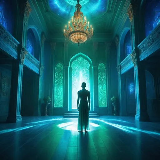 Prompt: (human standing in a blue palace), mystical aura, glowing, dark and enchanted ocean background, ethereal lighting, vibrant colors, high contrast, otherworldly atmosphere, magical energy pulses around, blue and emerald green tones, high detail, 4K, ultra-detailed, cinematic quality, fantastical scene, sparks of light, enchanting mood