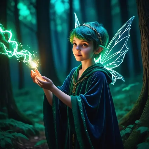 Prompt: (a mischievous pixie), mystical aura, glowing, dark and enchanted forest background, ethereal lighting, vibrant colors, high contrast, otherworldly atmosphere, magical energy pulses around, wizard's robe billowing, midnight blue and emerald green tones, high detail, 4K, ultra-detailed, cinematic quality, fantastical scene, sparks of light, enchanting mood