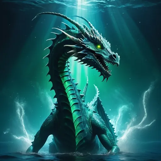 Prompt: (a giant sea dragon, mystical aura, glowing, dark and enchanted ocean background, ethereal lighting, vibrant colors, high contrast, otherworldly atmosphere, magical energy pulses around, blue and emerald green tones, high detail, 4K, ultra-detailed, cinematic quality, fantastical scene, sparks of light, enchanting mood