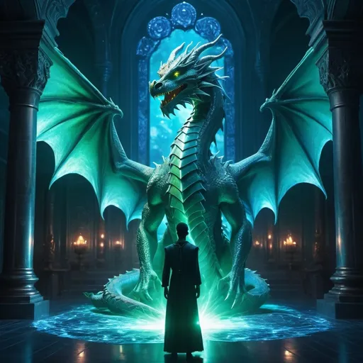 Prompt: (dragon human hybrid in a blue palace), mystical aura, glowing, dark and enchanted ocean background, ethereal lighting, vibrant colors, high contrast, otherworldly atmosphere, magical energy pulses around, blue and emerald green tones, high detail, 4K, ultra-detailed, cinematic quality, fantastical scene, sparks of light, enchanting mood