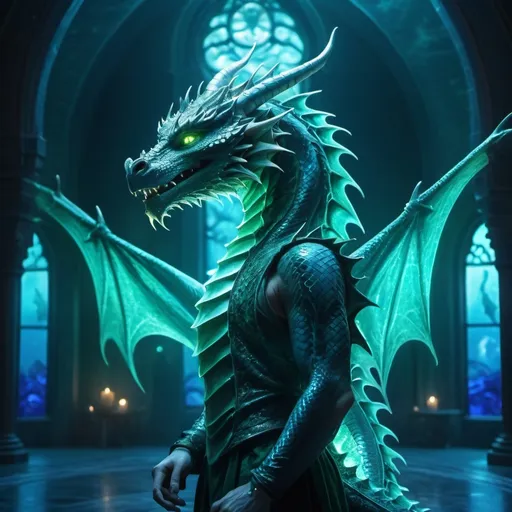 Prompt: (dragon human hybrid in a blue palace), mystical aura, glowing, dark and enchanted ocean background, ethereal lighting, vibrant colors, high contrast, otherworldly atmosphere, magical energy pulses around, blue and emerald green tones, high detail, 4K, ultra-detailed, cinematic quality, fantastical scene, sparks of light, enchanting mood