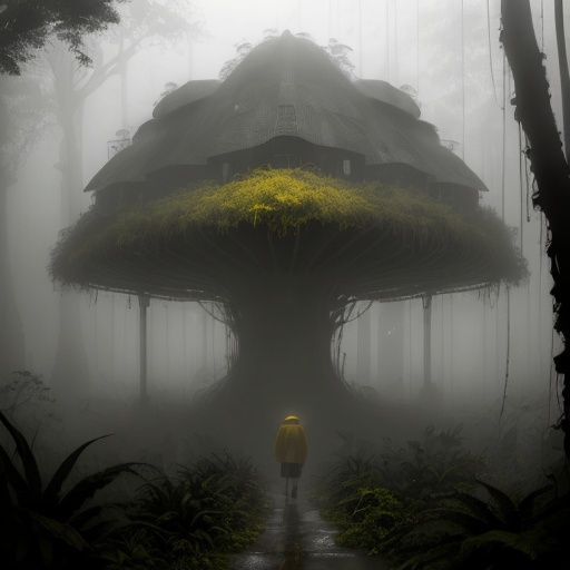 Prompt: misty gloomy hazy lonely walking jungle yellow
