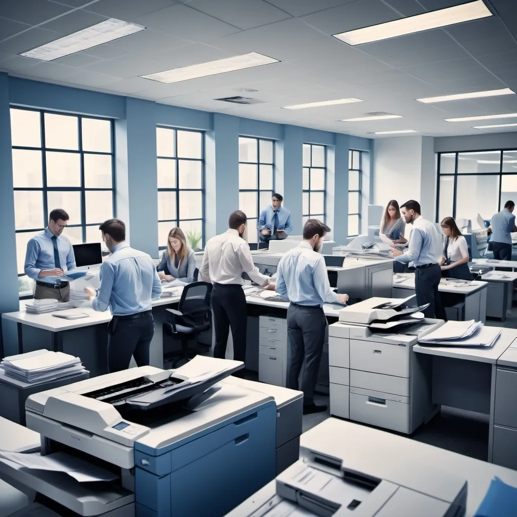 Prompt: Workers around photocopier in office environment