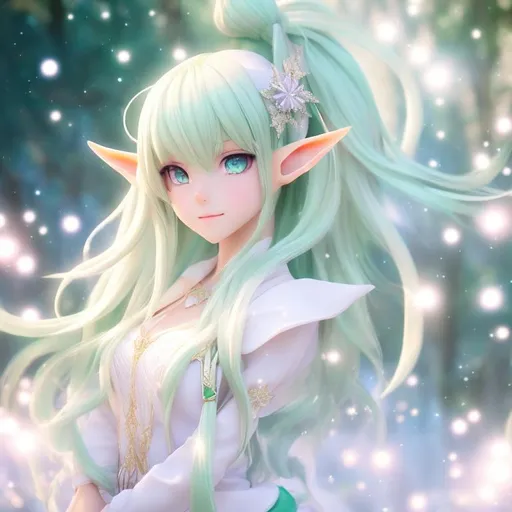 Prompt: Draw an Elf girl in anime style, (masterpiece, best quality:1.2), illustration, absurdres, highres, extremely detailed, white long hair, double pigtails, green eyes, eye highlights, white dress, 
 chromatic aberration abuse, pastel color, Depth of field