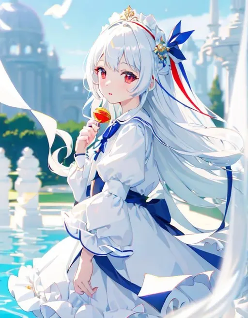 Prompt: (masterpiece, best quality:1.2), illustration, absurdres, highres, extremely detailed, 1 petite happy girl, white long hair with ribbon, red eyes, eye highlights, puffy sleeves, white and blue dress, raising up hand, upper body, depth of field, (:d:0.8), chromatic aberration abuse, fountain background, Depth of field, purple tint,(purple fog:1.3), , glass violin, 