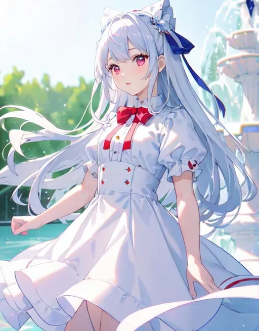 Prompt: (masterpiece, best quality:1.2), illustration, absurdres, highres, extremely detailed, 1 petite happy girl, white long hair with ribbon, red eyes, eye highlights, puffy sleeves, white and blue dress, upper body, depth of field, (:d:0.8), chromatic aberration abuse, fountain background, Depth of field, purple tint,(purple fog:1.3), , glass violin, 