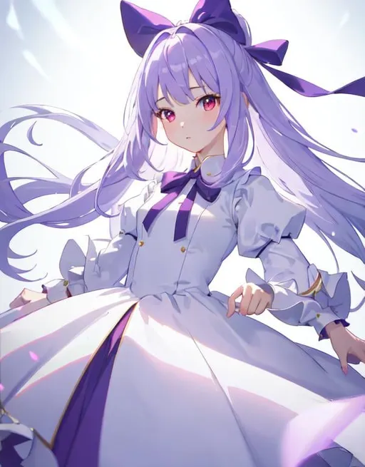 Prompt: (masterpiece, best quality:1.2), illustration, absurdres, highres, extremely detailed, 1 petite happy girl, white long hair with ribbon, red eyes, eye highlights, puffy sleeves, dress, upper body, depth of field, (:d:0.8), chromatic aberration abuse, pastel color, Depth of field, purple tint,(purple fog:1.3), fountain, glass violin, 