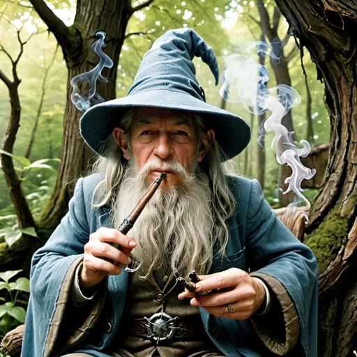 Prompt: master wizard chilling with his tree people friends smoking a gandalf pipe
