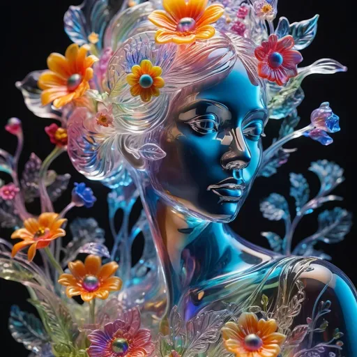 Prompt: (detailed vibrant transparent glass sculpture of a woman with flowers), (intricate details), surreal design, colorful background, ethereal atmosphere, luminescent colors, soft lighting, high clarity, modern artistic style, harmonious composition, impressionistic elements, flowing shapes, whimsical feel, dreamy ambiance, visually striking, artistic masterpiece, ultra-detailed, 4K quality.