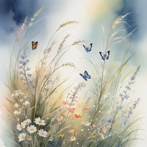 Prompt: A whimsical and surreal watercolor
painting of delicate vibrant
wildflowers, tall thin grasses with
feather tops bending softly in a light
breeze, baby's breath, and delicate
butterflies with dramatic lighting
effects and an ethereal atmosphere