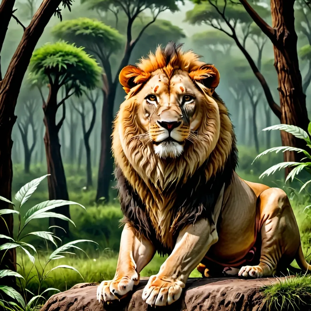 Prompt: A lion sitting on forest