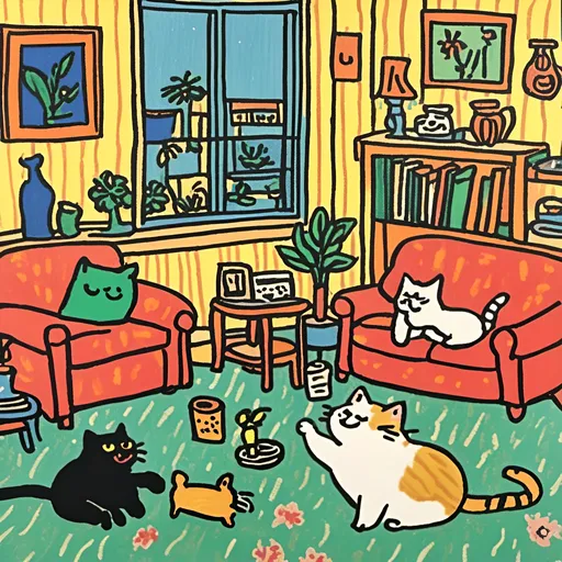 Prompt: Two cats playing in a living room<mymodel>