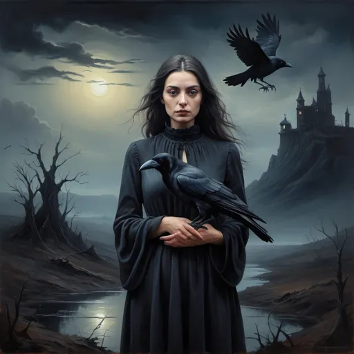 Prompt: Mysterious woman holding a crow in a surreal landscape, haunting atmosphere, high quality, oil painting, mysterious woman, crow, surreal landscape, eerie ambiance, detailed brushwork, dark tones, atmospheric lighting, haunting, highres, oil painting, surreal, detailed, mysterious, dark colors