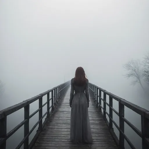 Prompt: A mysterious woman on a bridge . She seems to be lost in fog. 