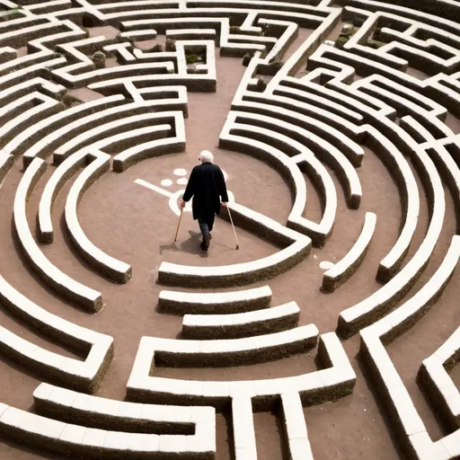 Prompt: A blind man walking in a labyrinth with a white walking stick